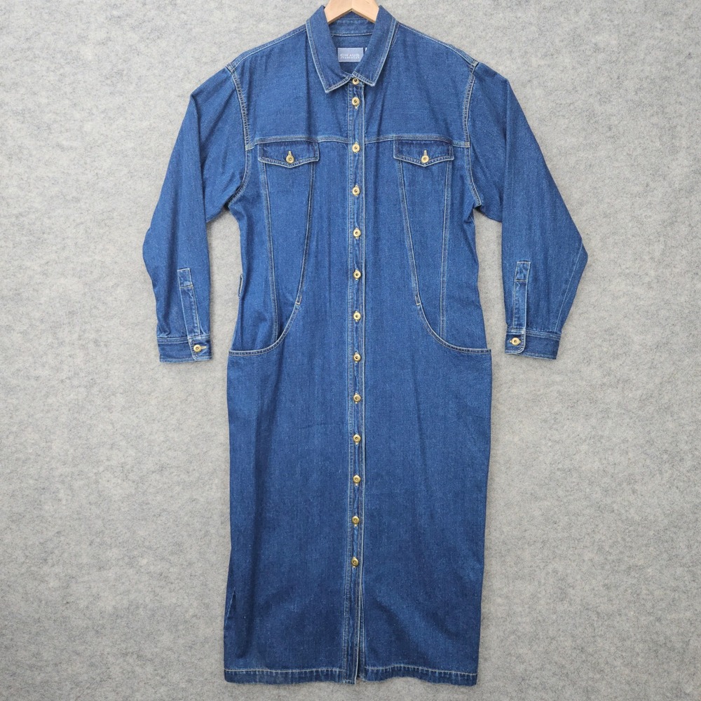 Chaus Jeanswear Denim Dress Womens Blue 16 Vintage Button Front Maxi Long Sleeve